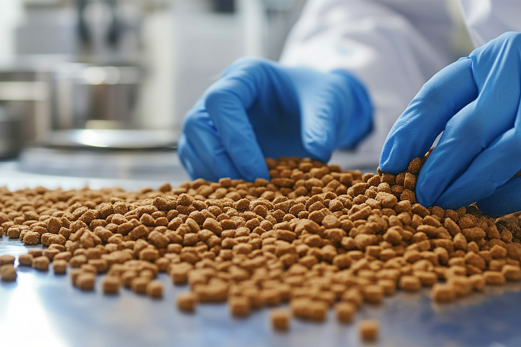 Pet food manufacturer inspecting the pet food.