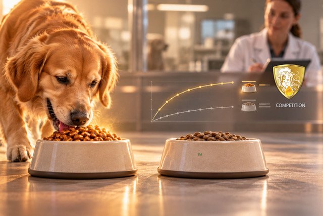 Dog eagerly eating pet food made with GoldPAL Refined Chicken Fat